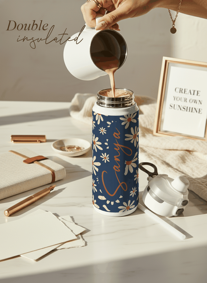 Personalised Lumi Insulated Premium Water Bottle 650ml – Azure Daisy Garden Print | 12+ Hours Hot & Cold | 2-Way Lid 1219 Avenue