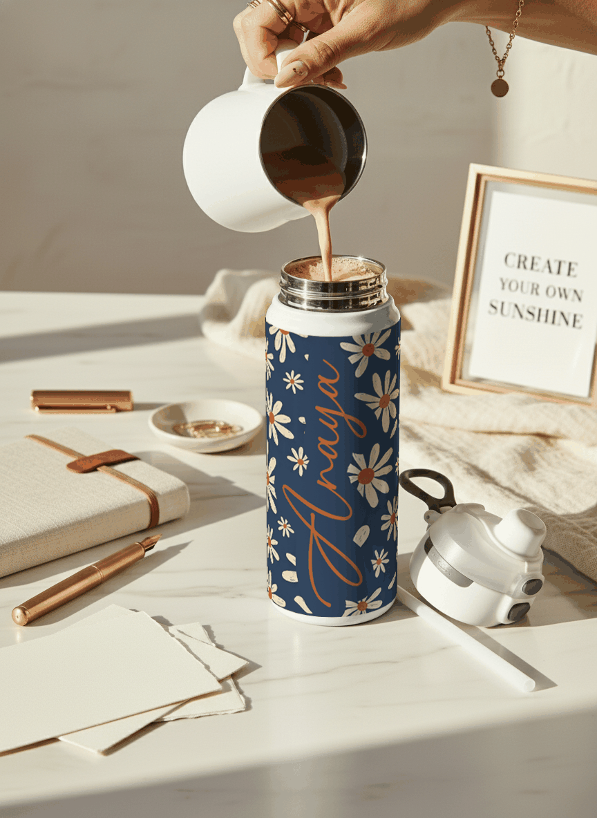 Personalised Lumi Insulated Premium Water Bottle 650ml – Azure Daisy Garden Print | 12+ Hours Hot & Cold | 2-Way Lid 1219 Avenue