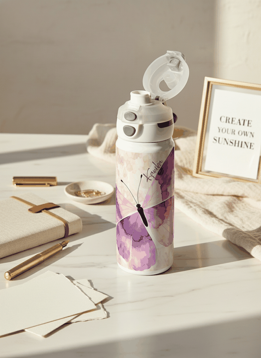 Personalised Lumi Insulated Premium Water Bottle 650ml – Lavender Flutter Print | 12+ Hours Hot & Cold | 2-Way Lid