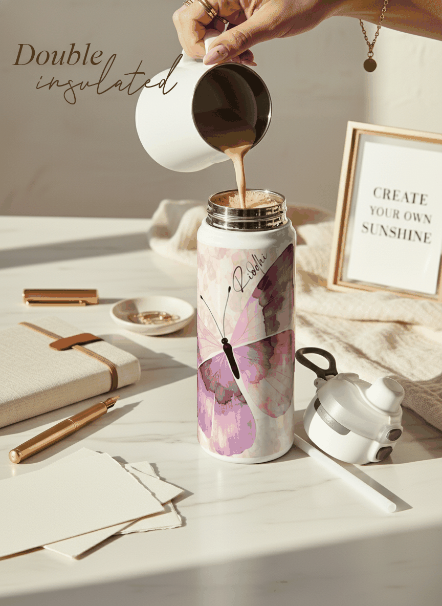 Personalised Lumi Insulated Premium Water Bottle 650ml – Lavender Flutter Print | 12+ Hours Hot & Cold | 2-Way Lid 1219 Avenue