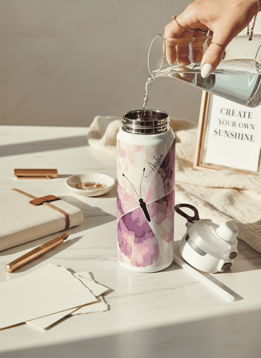 Personalised Lumi Insulated Premium Water Bottle 650ml – Lavender Flutter Print | 12+ Hours Hot & Cold | 2-Way Lid 1219 Avenue
