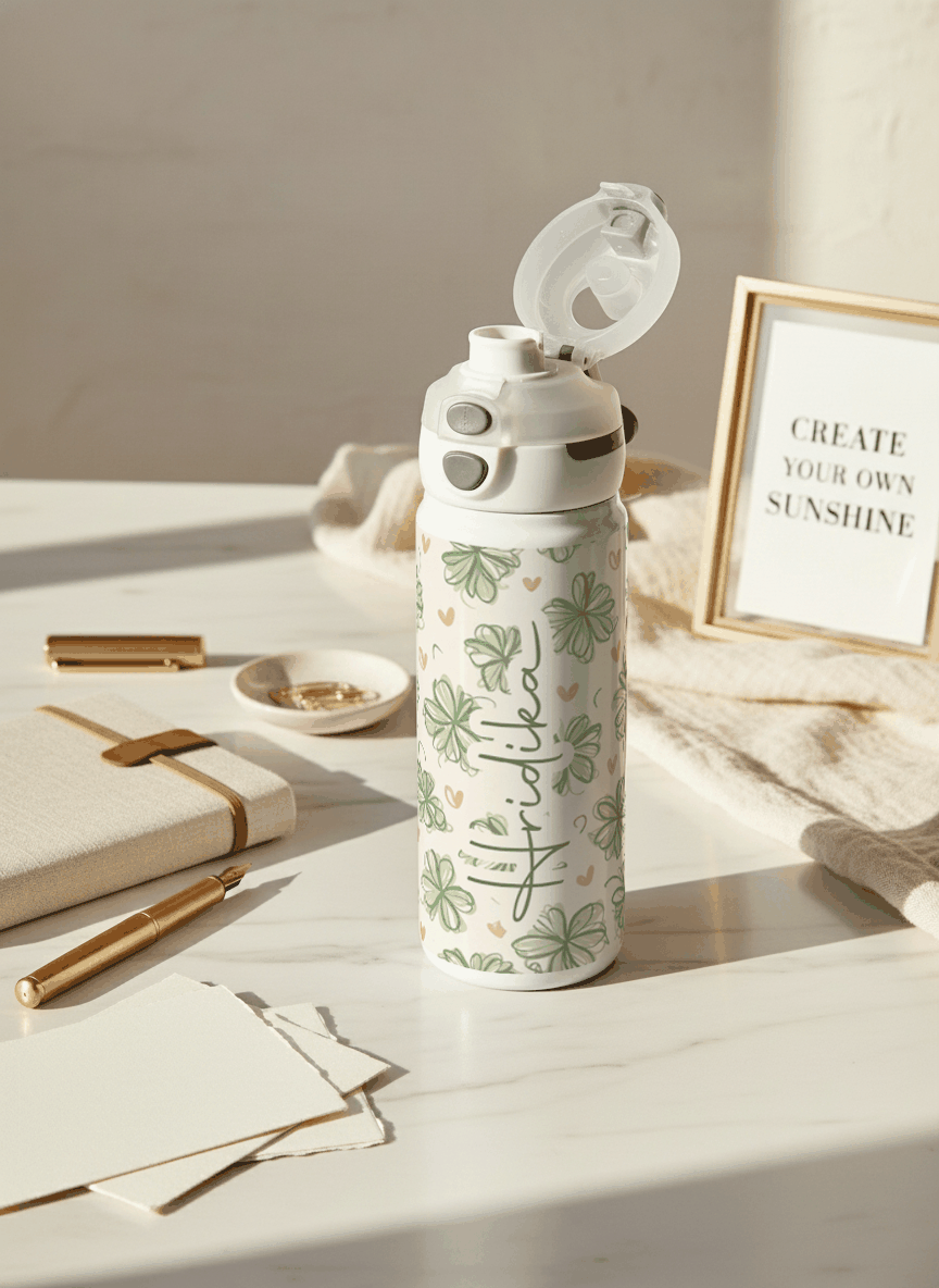 Personalised Lumi Insulated Premium Water Bottle 650ml – Lucky Clover Bloom Print | 12+ Hours Hot & Cold | 2-Way Lid 1219 Avenue