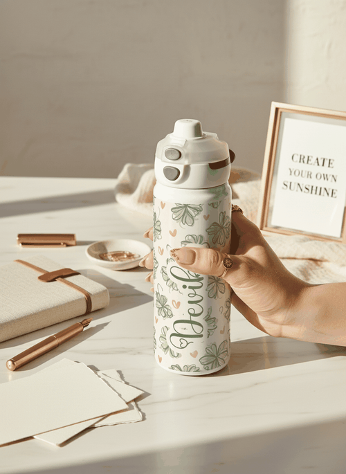 Personalised Lumi Insulated Premium Water Bottle 650ml – Lucky Clover Bloom Print | 12+ Hours Hot & Cold | 2-Way Lid 1219 Avenue