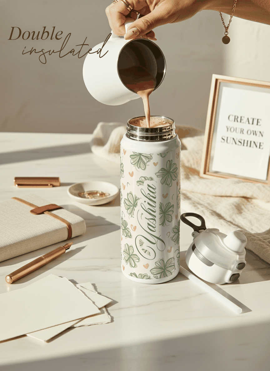 Personalised Lumi Insulated Premium Water Bottle 650ml – Lucky Clover Bloom Print | 12+ Hours Hot & Cold | 2-Way Lid 1219 Avenue