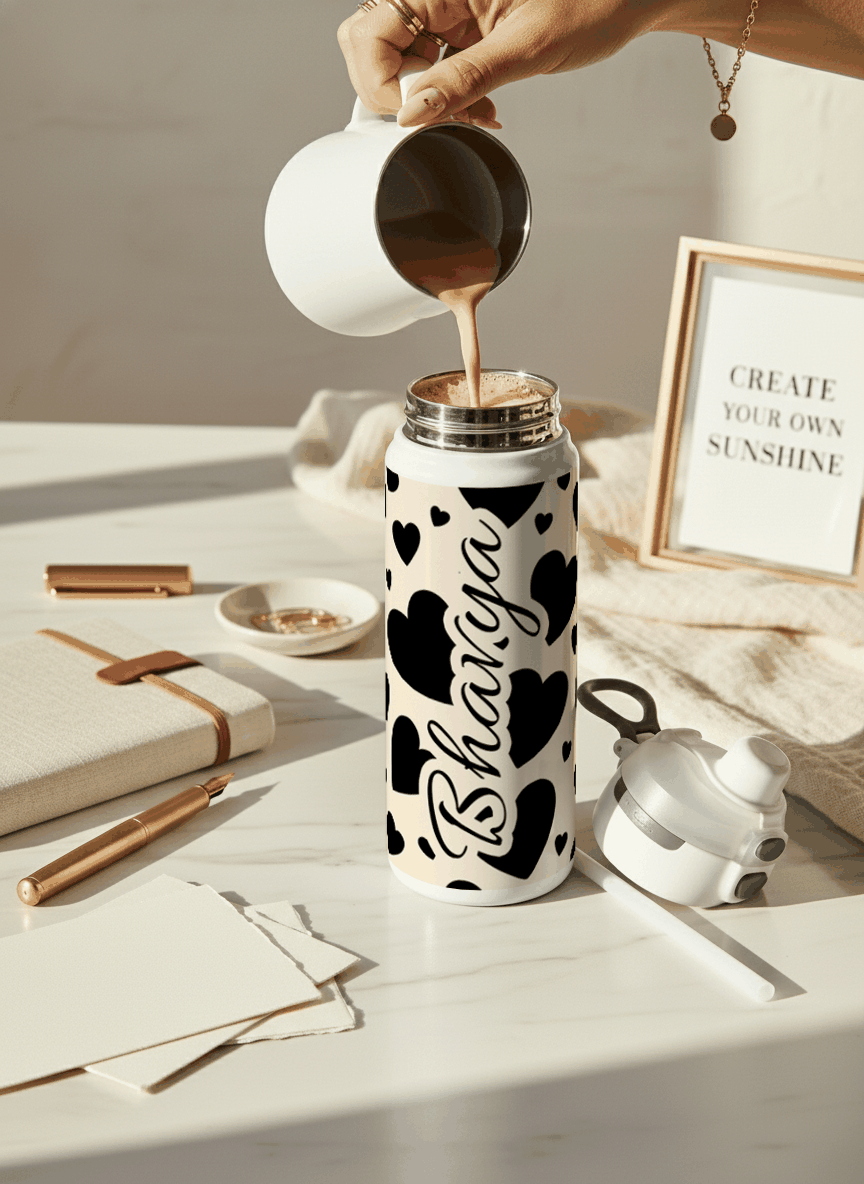 Personalised Lumi Insulated Premium Water Bottle 650ml – Noir Hearts Print | 12+ Hours Hot & Cold | 2-Way Lid 1219 Avenue