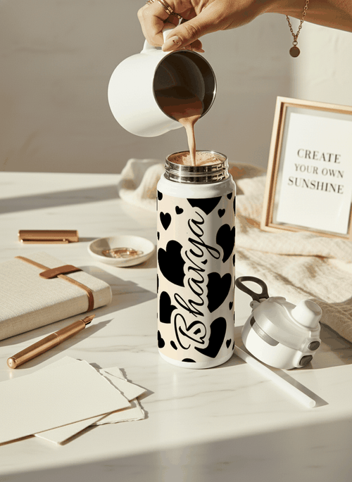Personalised Lumi Insulated Premium Water Bottle 650ml – Noir Hearts Print | 12+ Hours Hot & Cold | 2-Way Lid 1219 Avenue
