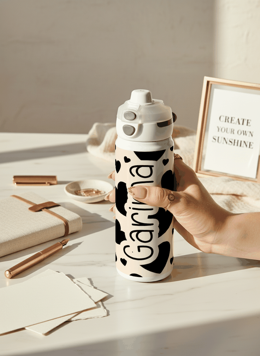 Personalised Lumi Insulated Premium Water Bottle 650ml – Noir Hearts Print | 12+ Hours Hot & Cold | 2-Way Lid 1219 Avenue