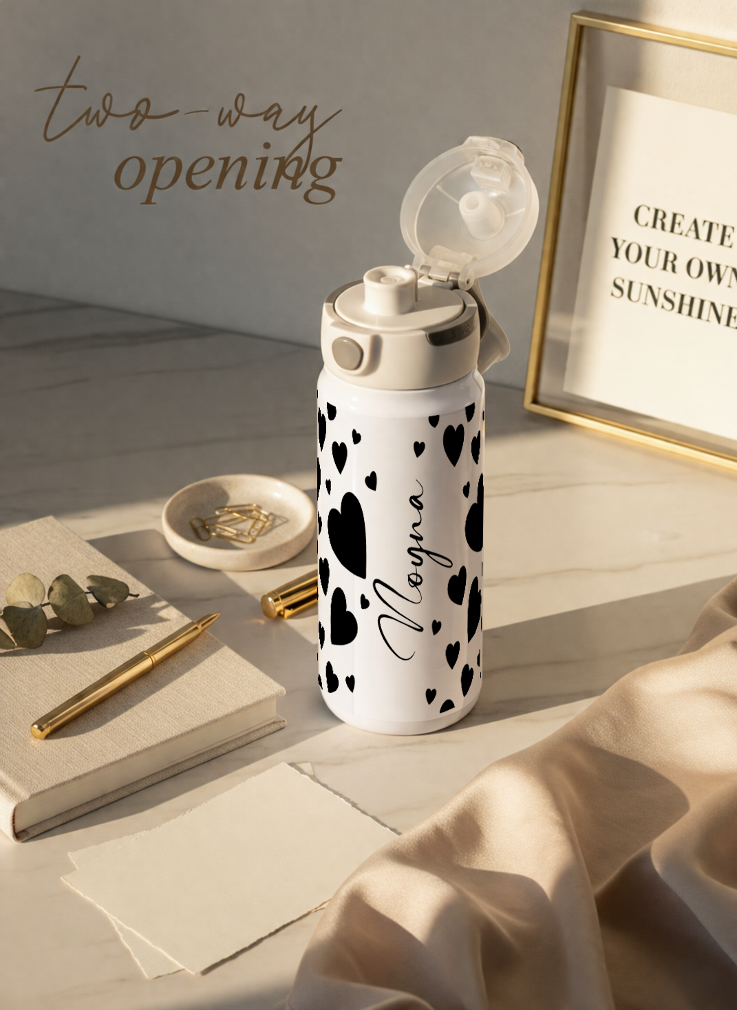 Personalised Lumi Insulated Premium Water Bottle 650ml – Noir Hearts Print | 12+ Hours Hot & Cold | 2-Way Lid 1219 Avenue