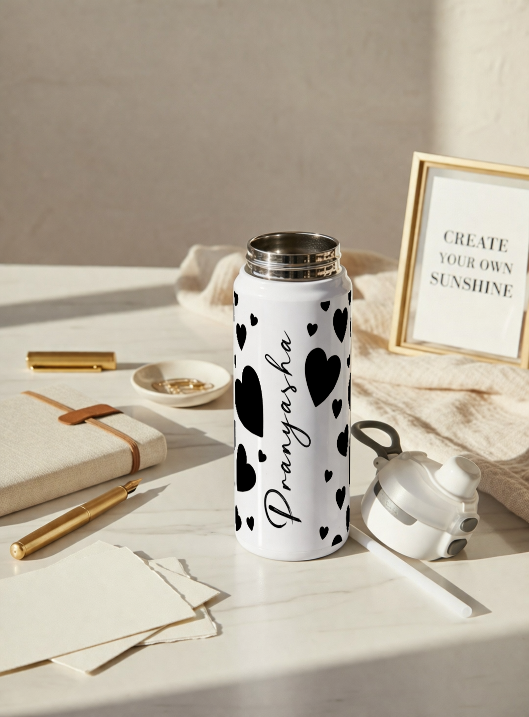 Personalised Lumi Insulated Premium Water Bottle 650ml – Noir Hearts Print | 12+ Hours Hot & Cold | 2-Way Lid 1219 Avenue