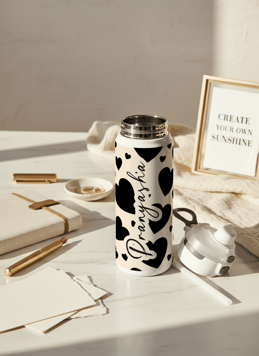 Personalised Lumi Insulated Premium Water Bottle 650ml – Noir Hearts Print | 12+ Hours Hot & Cold | 2-Way Lid 1219 Avenue