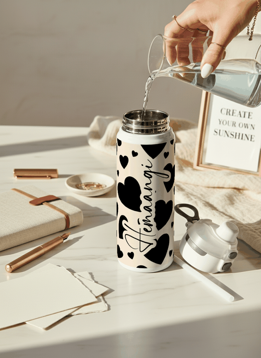 Personalised Lumi Insulated Premium Water Bottle 650ml – Noir Hearts Print | 12+ Hours Hot & Cold | 2-Way Lid 1219 Avenue