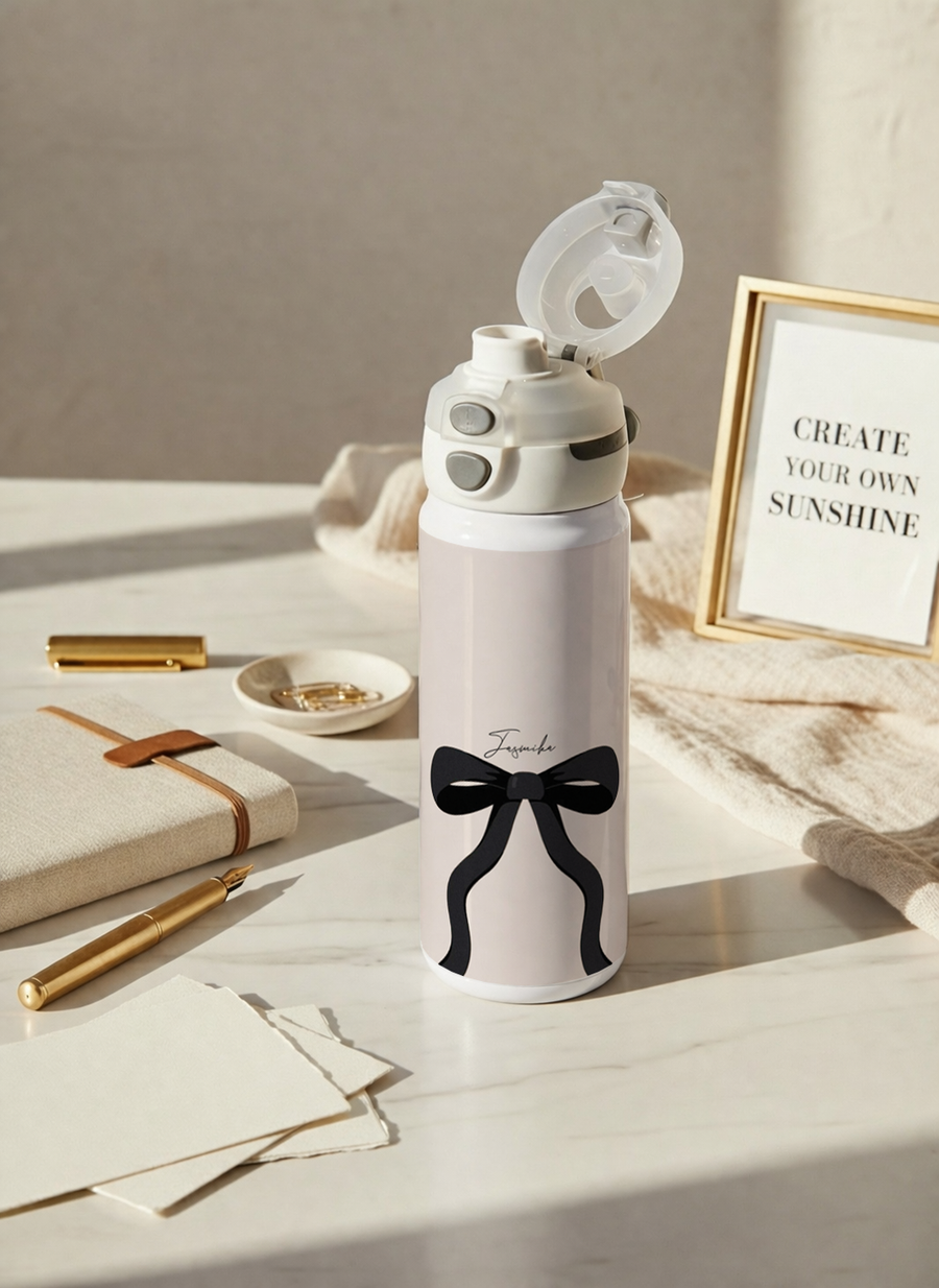 Personalised Lumi Insulated Premium Water Bottle 650ml – Noir Ribbon Print | 12+ Hours Hot & Cold | 2-Way Lid