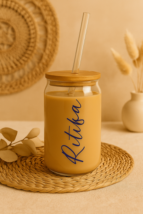 Personalized Clear Can Sipper 500ml|Name Customized| Coffee Glass Tumbler with straw and lid 22oz 1219 Avenue India