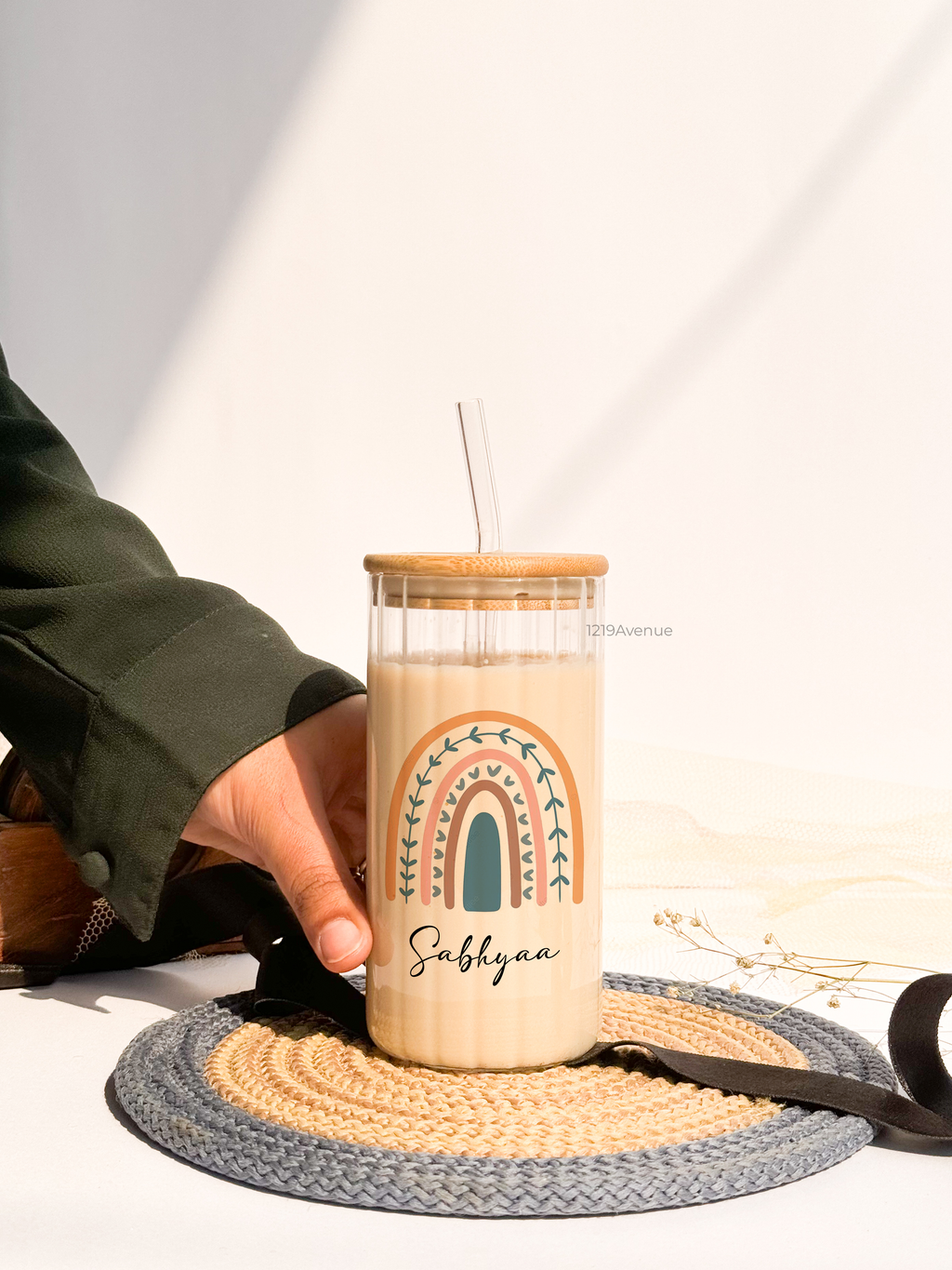 Personalized Clear Ripple Taille Sippers 500ml|Aesthetic Rainbow With Name | Coffee Fluted Glass Tumbler with straw and lid 18oz 1219 Avenue India