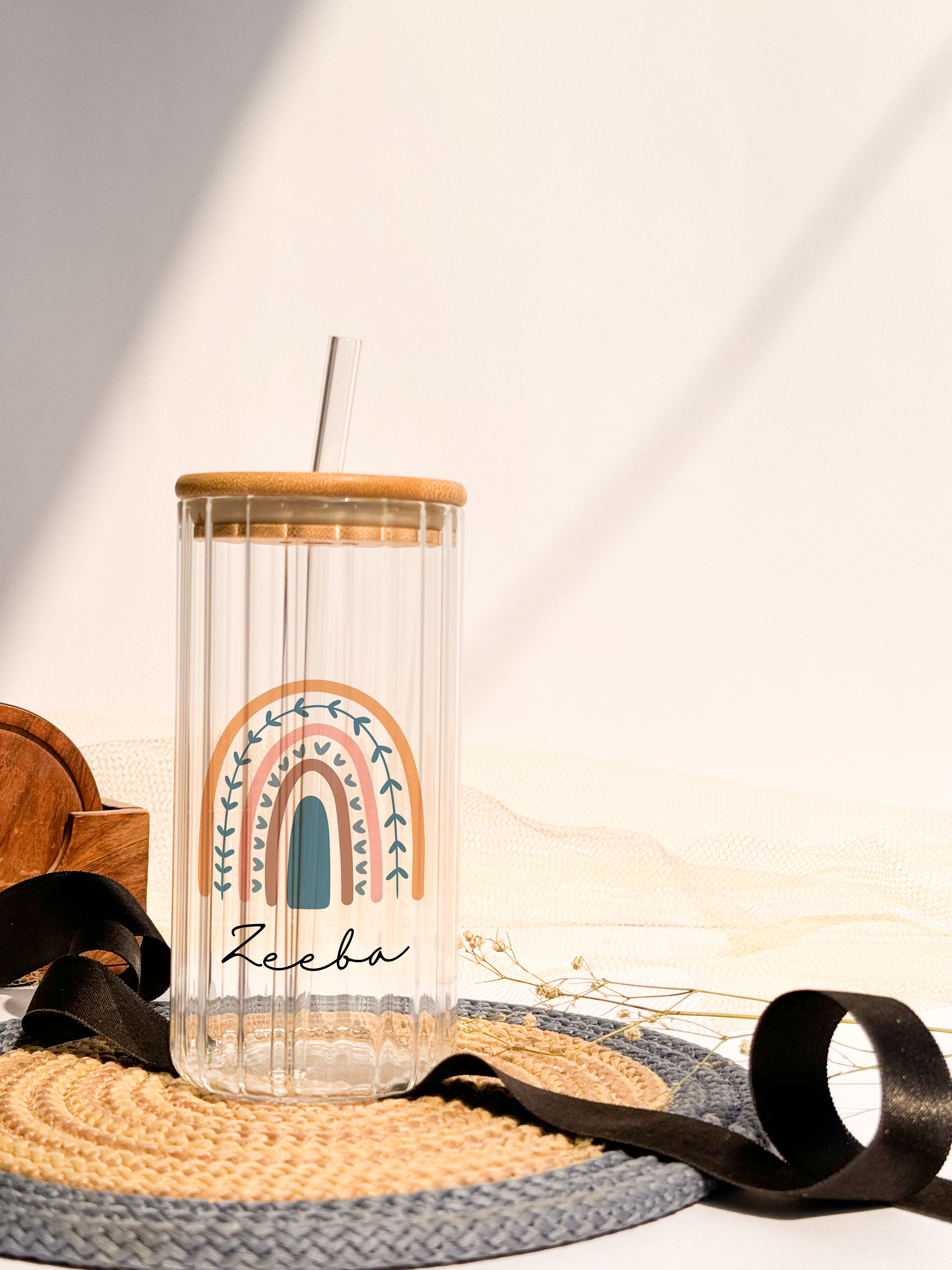 Personalized Clear Ripple Taille Sippers 500ml|Aesthetic Rainbow With Name | Coffee Fluted Glass Tumbler with straw and lid 18oz 1219 Avenue India