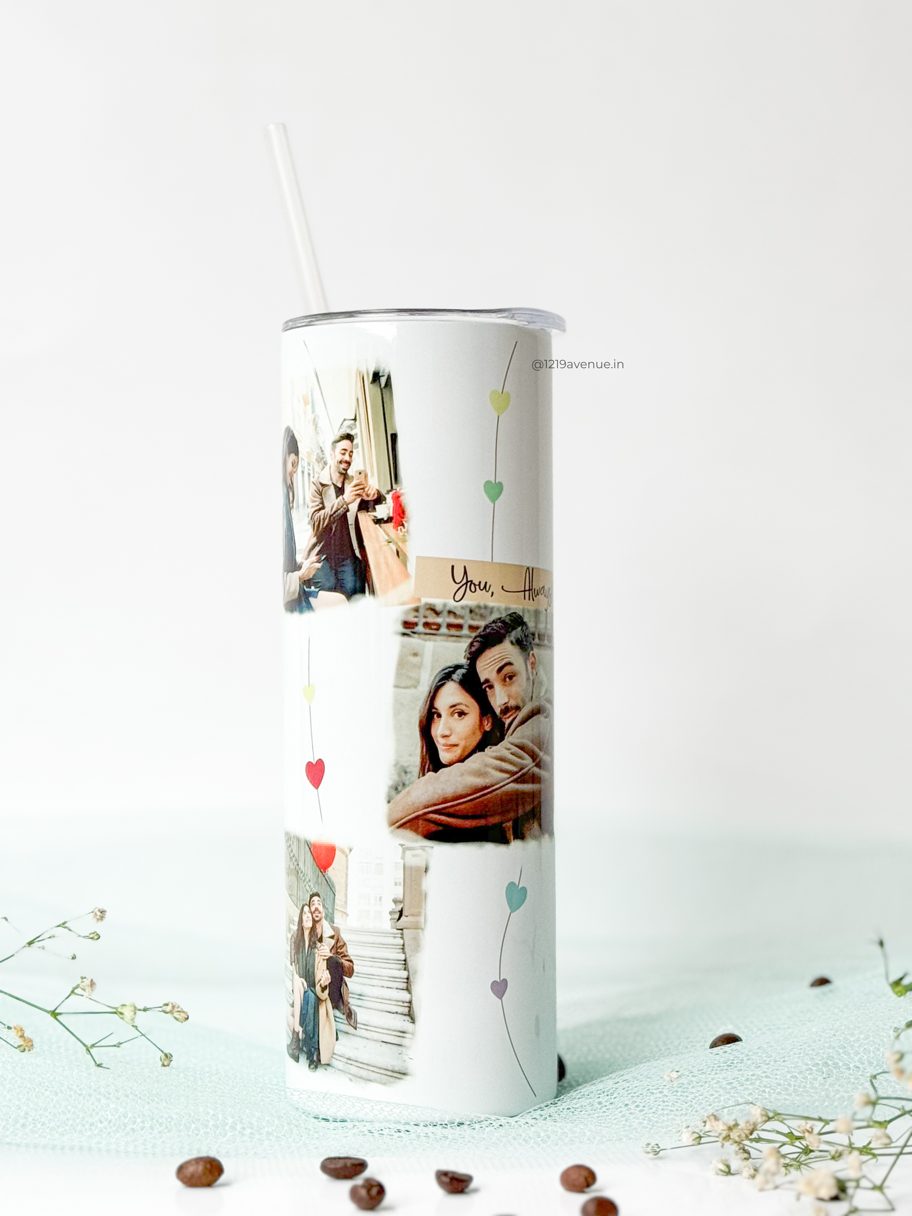 Personalized Colossal Tumbler 700ml with Straw | 6 Photo Collage Print | Double Walled Insulated Tumbler 7-8 hrs |Heart String 1219 Avenue India