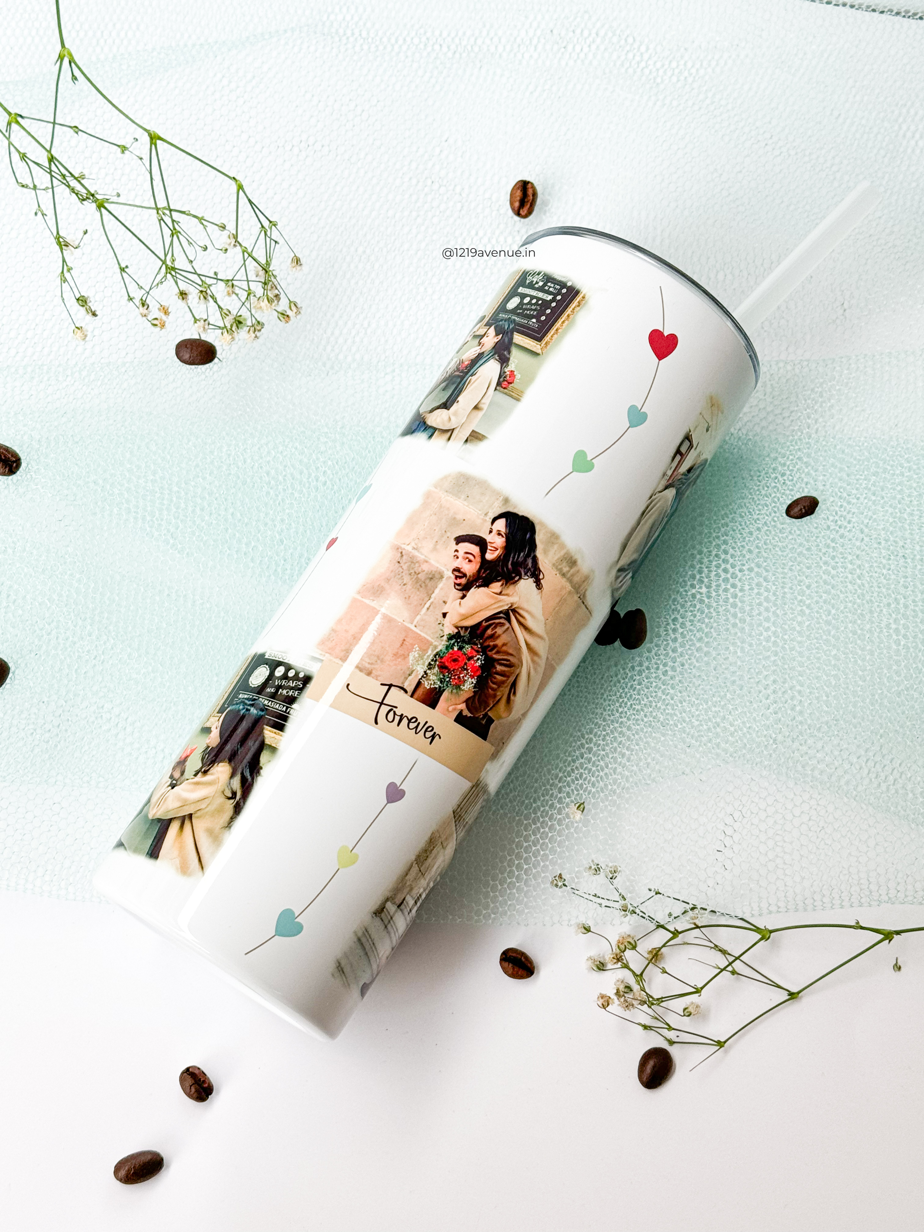 Personalized Colossal Tumbler 700ml with Straw | 6 Photo Collage Print | Double Walled Insulated Tumbler 7-8 hrs |Heart String 1219 Avenue India