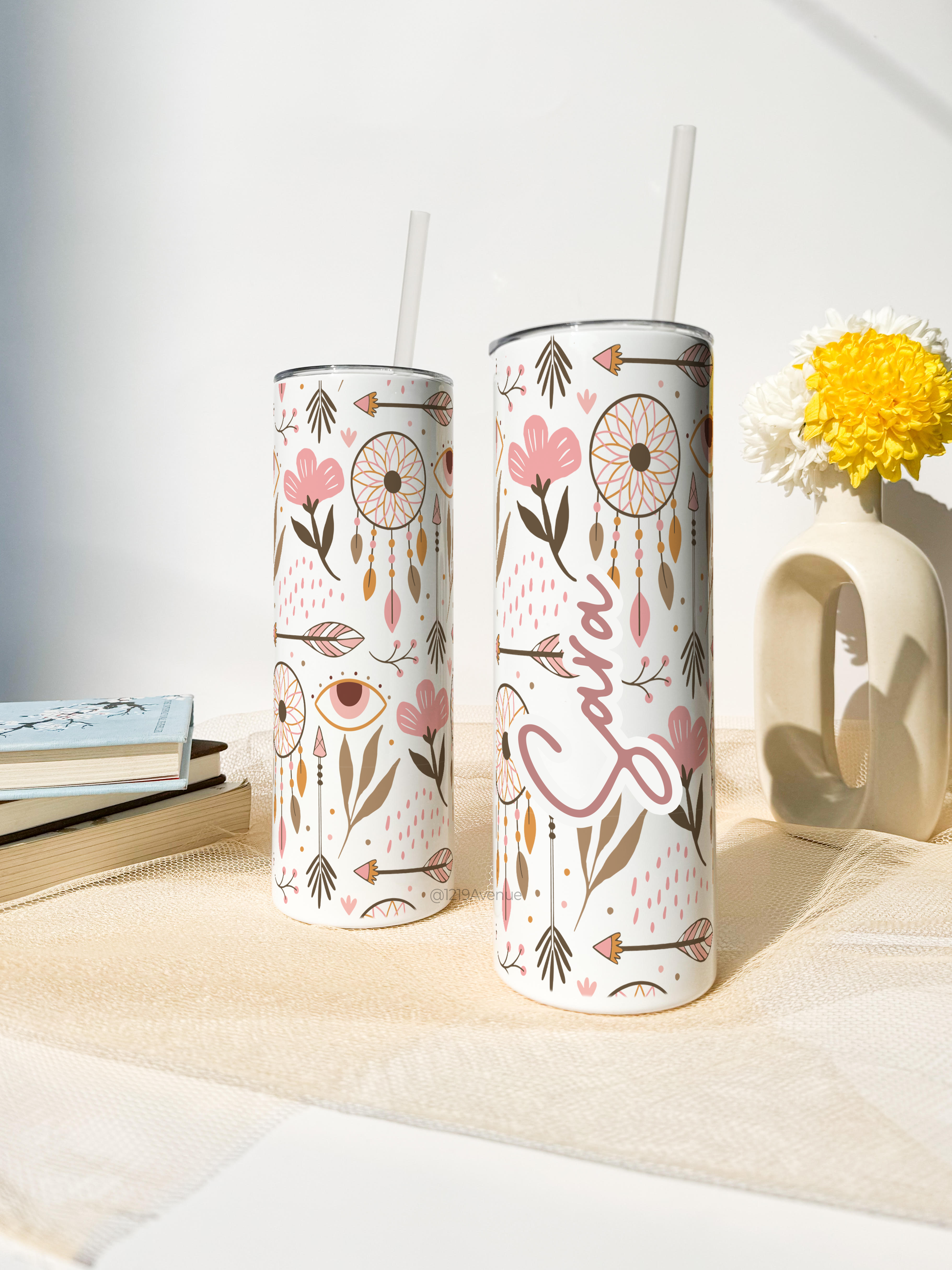 Personalized Colossal Tumbler 700ml with Straw | Boho Name Custom Print| Double Walled Insulated Tumbler 7-8 hrs 1219 Avenue India