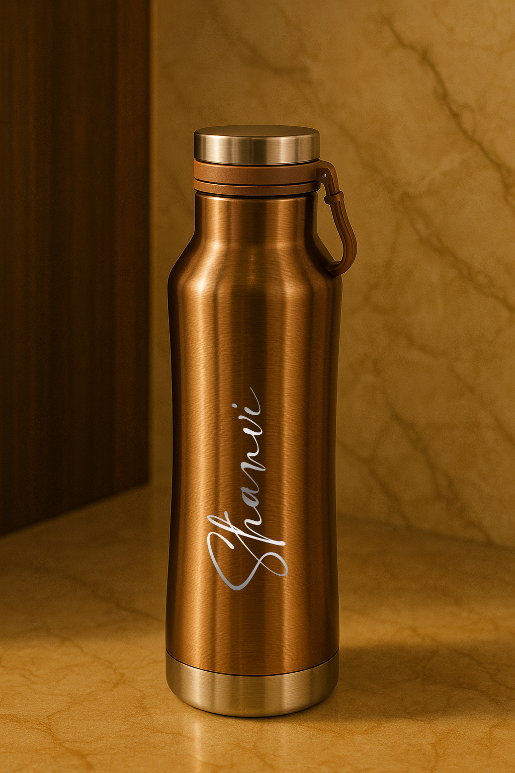 Bronze water bottle with 'Shanvi' engraving on a marble surface