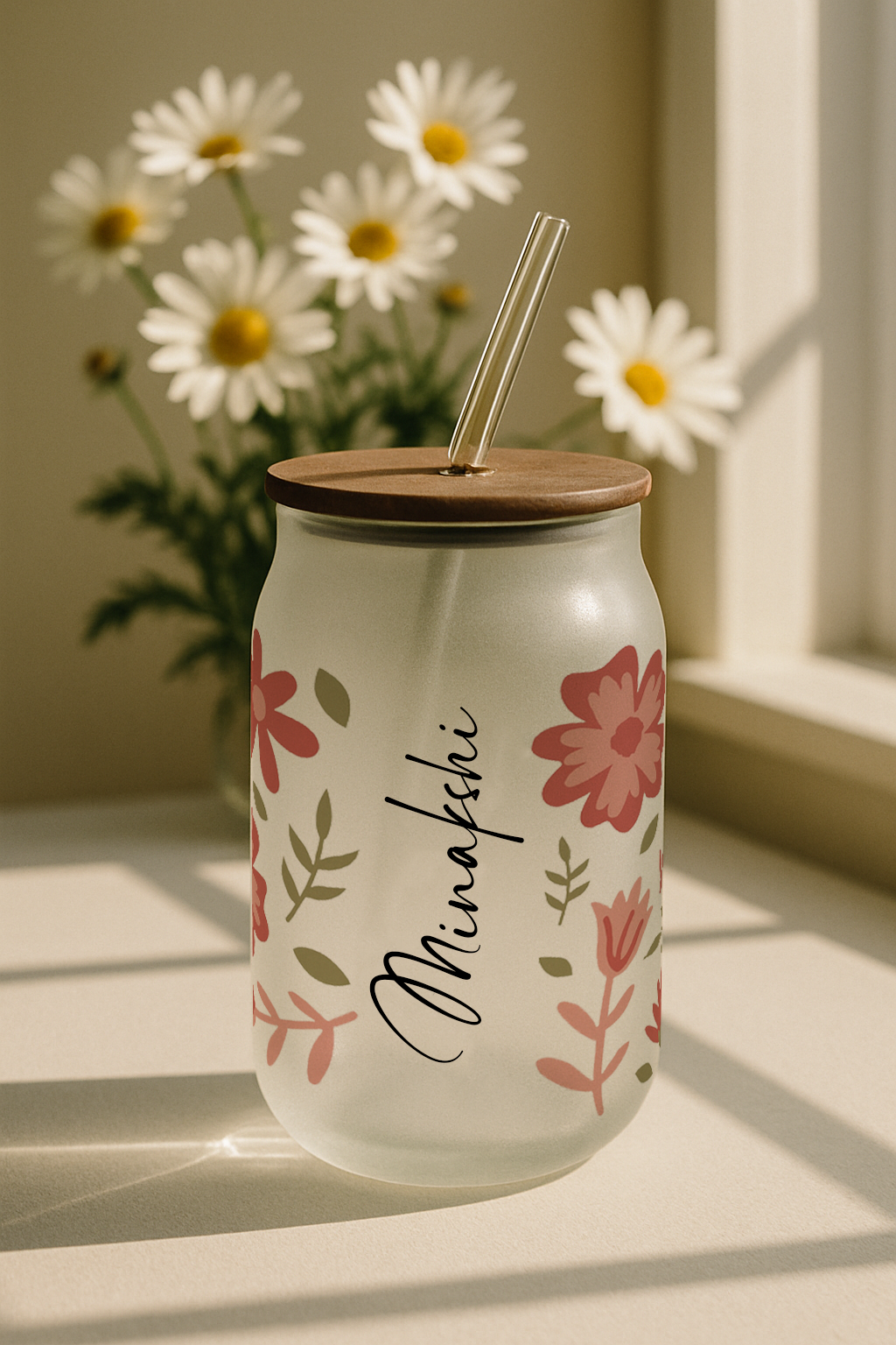 Personalized Floral Valley Frosted Glass Can Sipper 500ml – Coffee Tumbler with Straw & Lid 1219 Avenue India