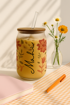 Personalized Frosted Can Sipper 500ml|Blossom Meadow Name | Coffee Glass Tumbler with straw and lid 22oz 1219 Avenue India