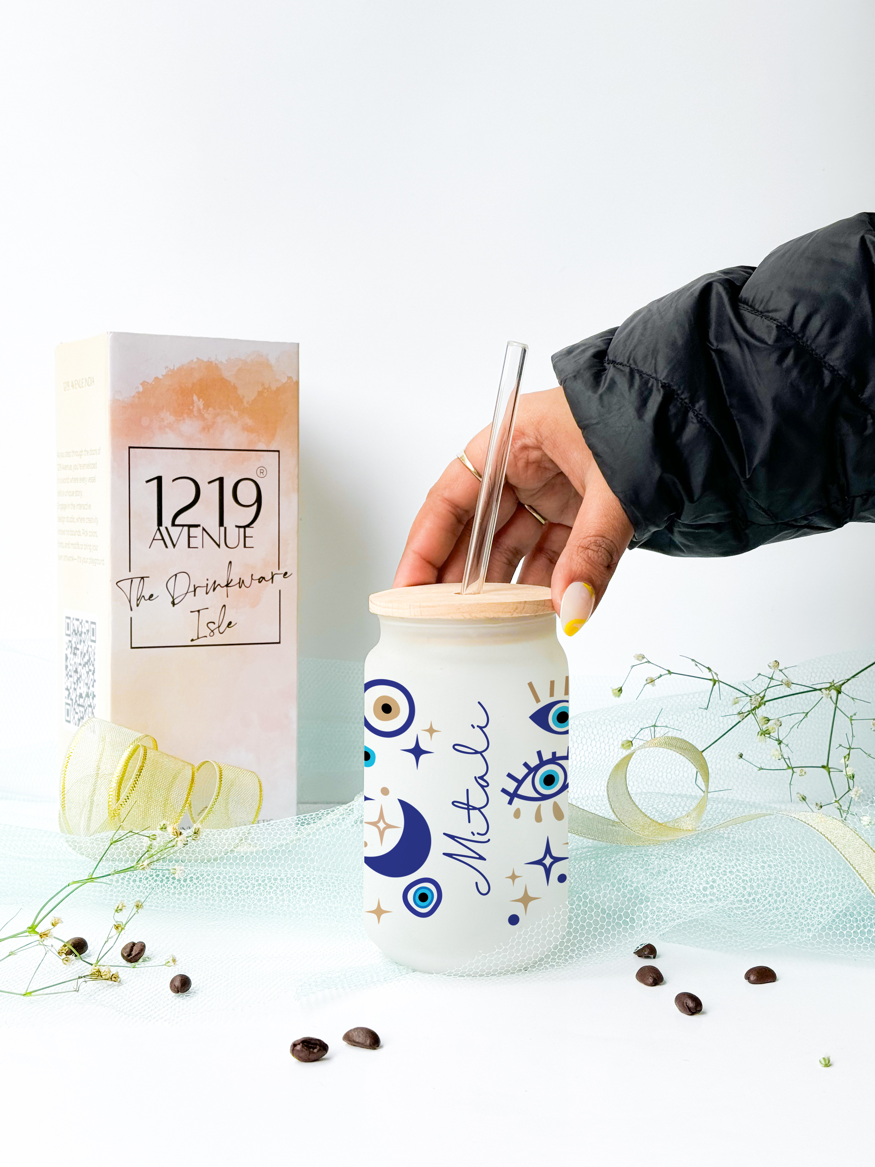 Personalized Frosted Can Sipper 500ml|Evil Eye Name | Coffee Glass Tumbler with straw and lid 22oz 1219 Avenue India