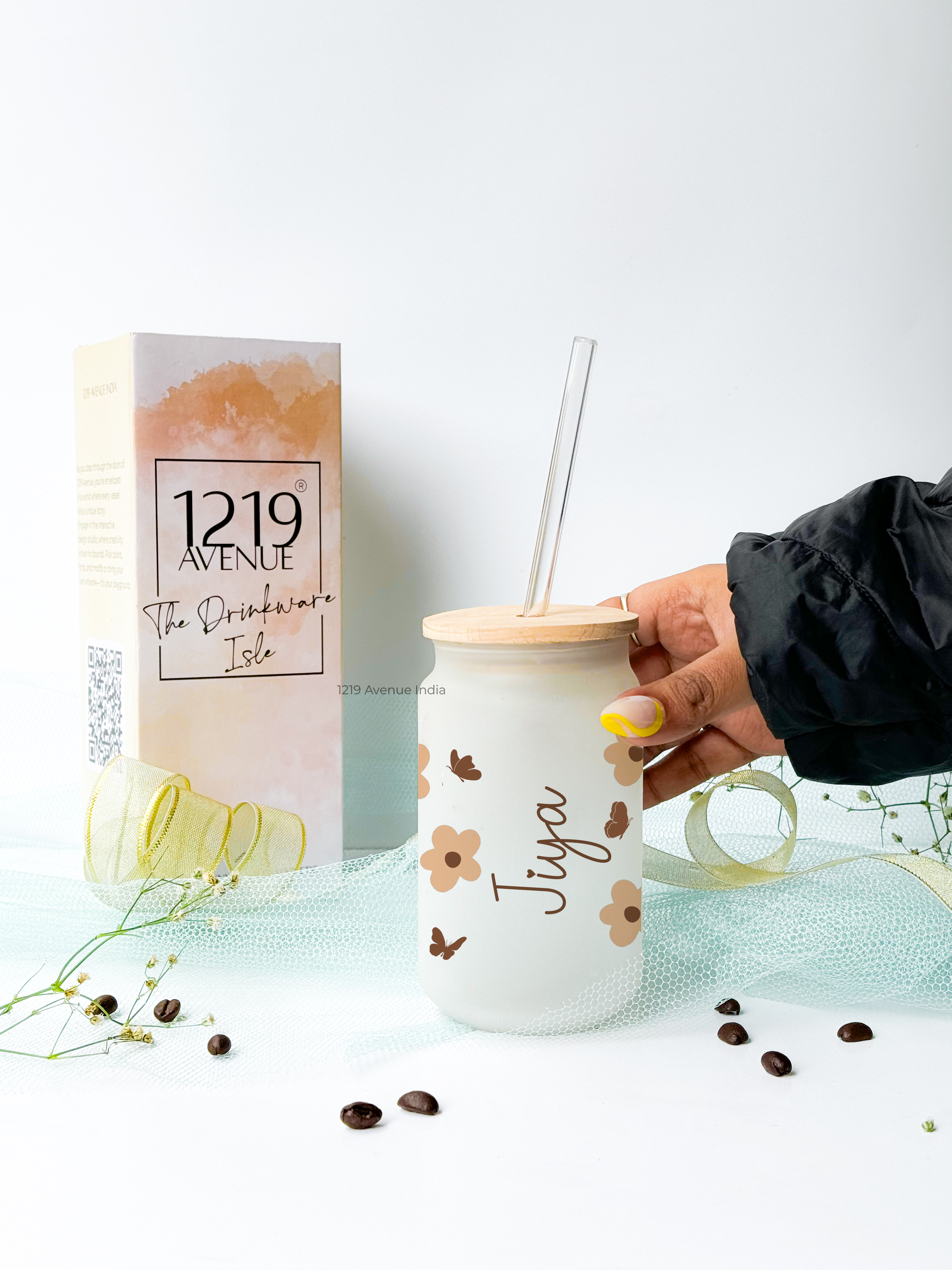 Personalized Frosted Can Sipper 500ml| Flutter Flora Name| Coffee Glass Tumbler with straw and lid 22oz 1219 Avenue India