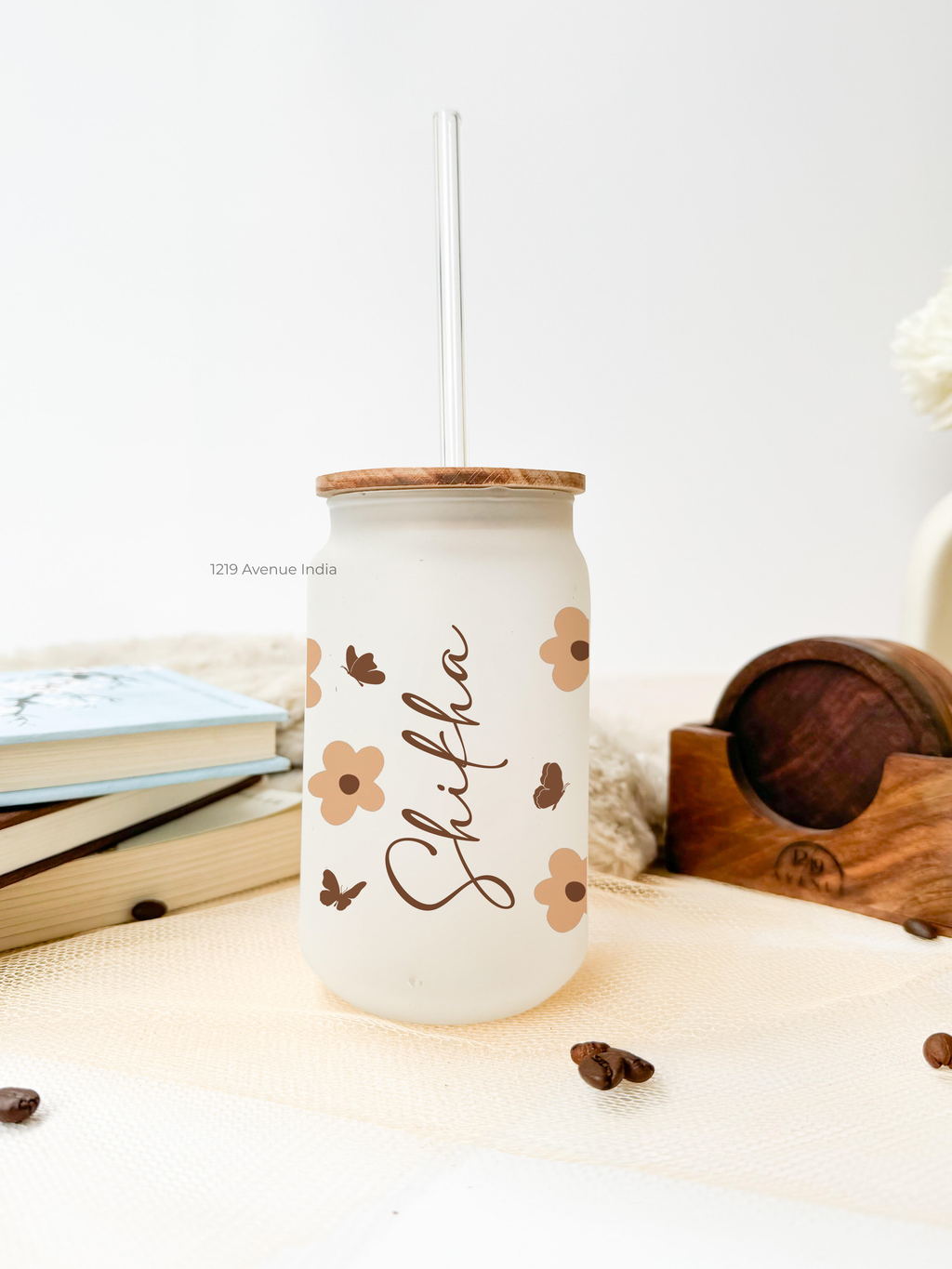 Personalized Frosted Can Sipper 500ml| Flutter Flora Name| Coffee Glass Tumbler with straw and lid 22oz 1219 Avenue India