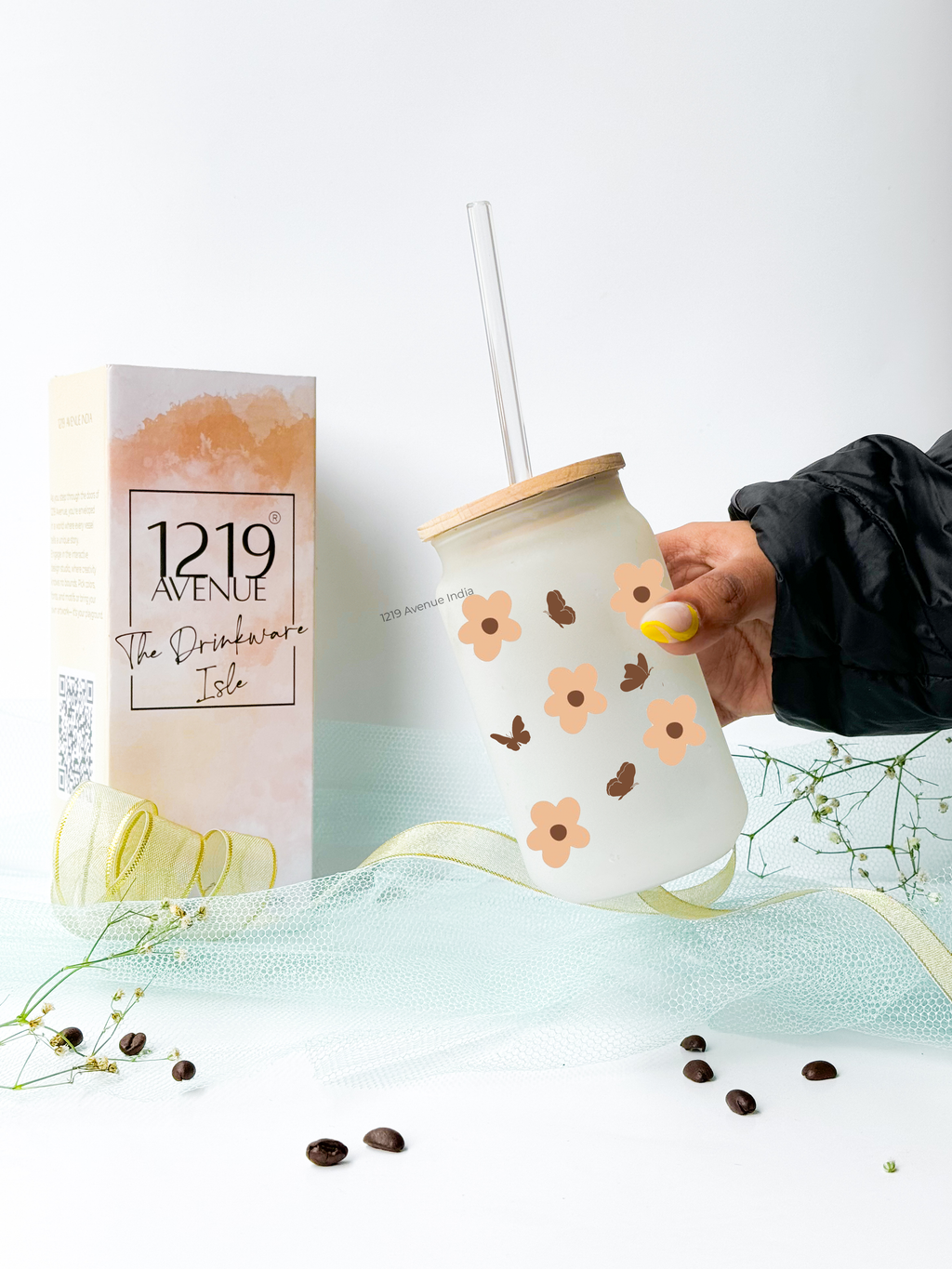 Personalized Frosted Can Sipper 500ml| Flutter Flora Name| Coffee Glass Tumbler with straw and lid 22oz 1219 Avenue India