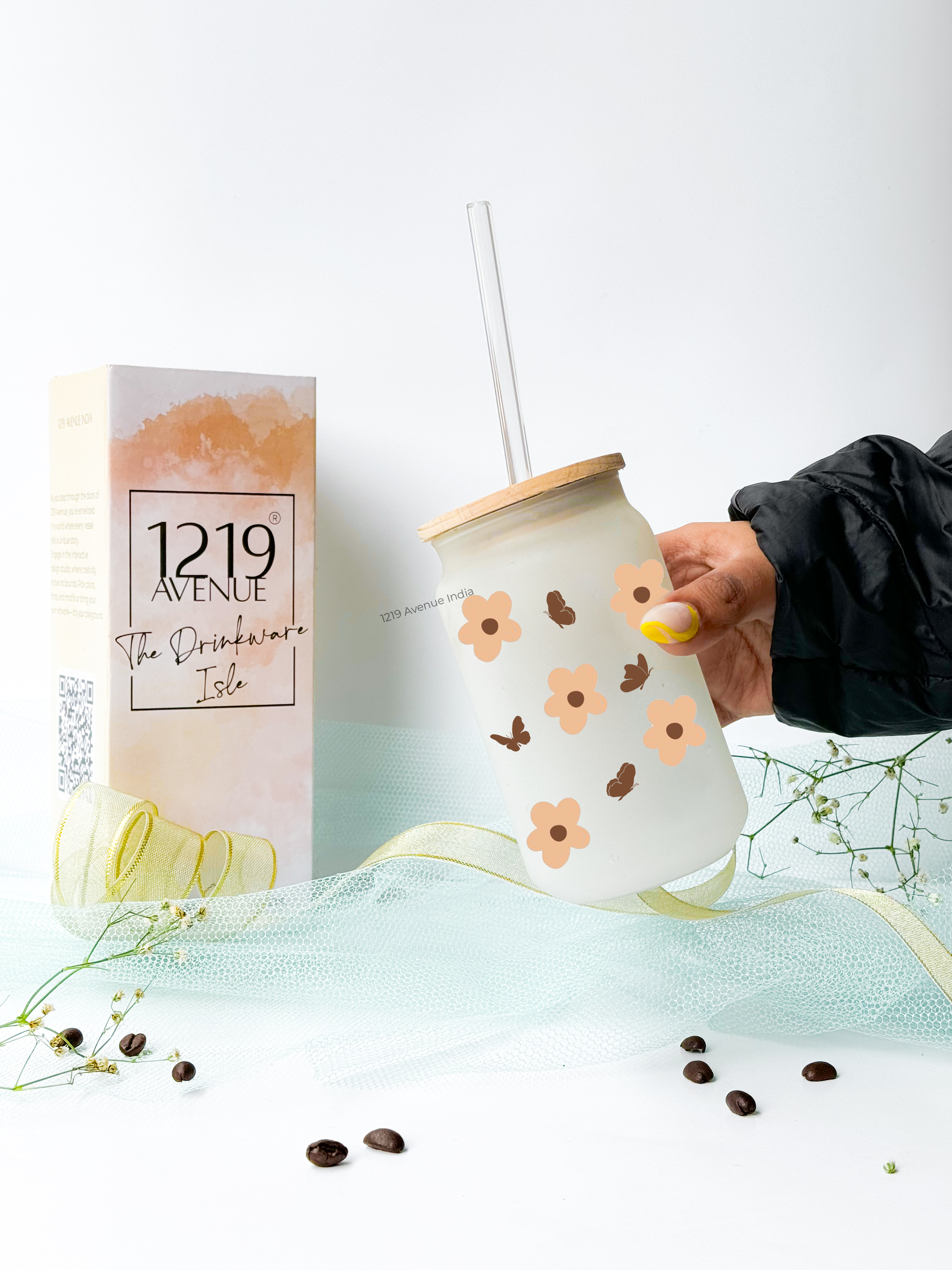 Personalized Frosted Can Sipper 500ml| Flutter Flora Name| Coffee Glass Tumbler with straw and lid 22oz 1219 Avenue India