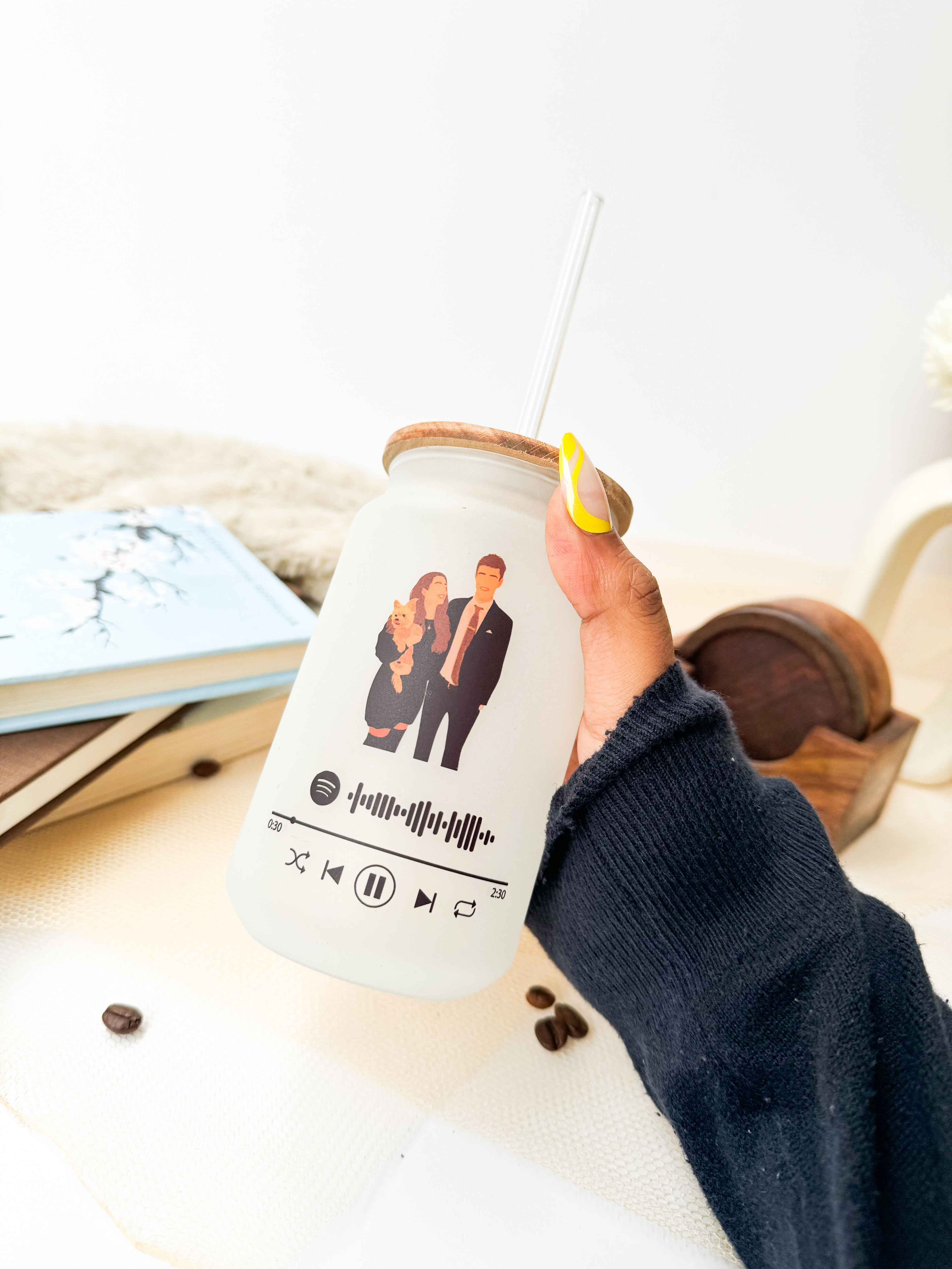 Personalized Frosted Can Sipper 500ml|Graphic Illustration with Spotify link| Coffee Glass Tumbler with straw and lid 22oz 1219 Avenue