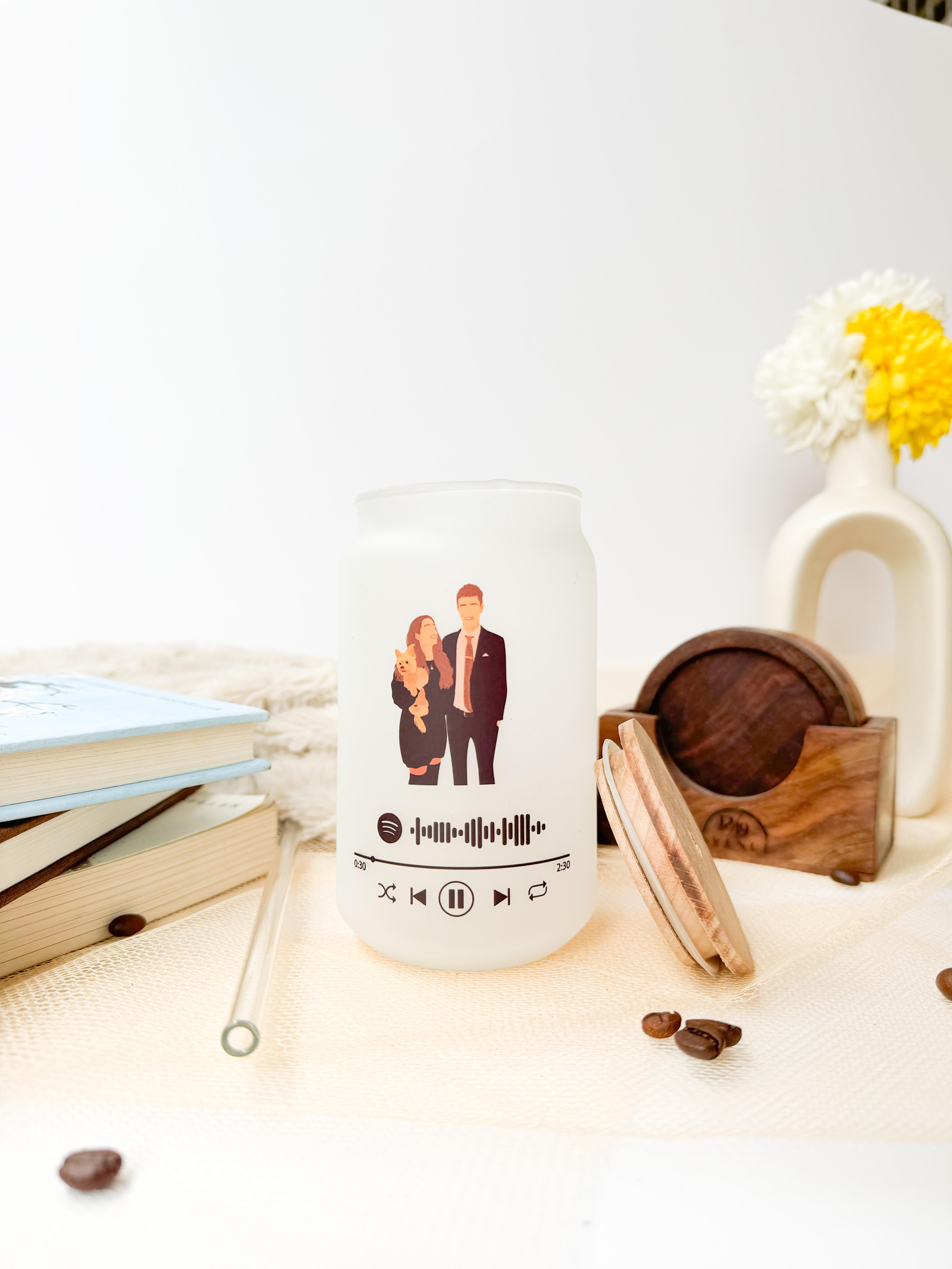 Personalized Frosted Can Sipper 500ml|Graphic Illustration with Spotify link| Coffee Glass Tumbler with straw and lid 22oz 1219 Avenue