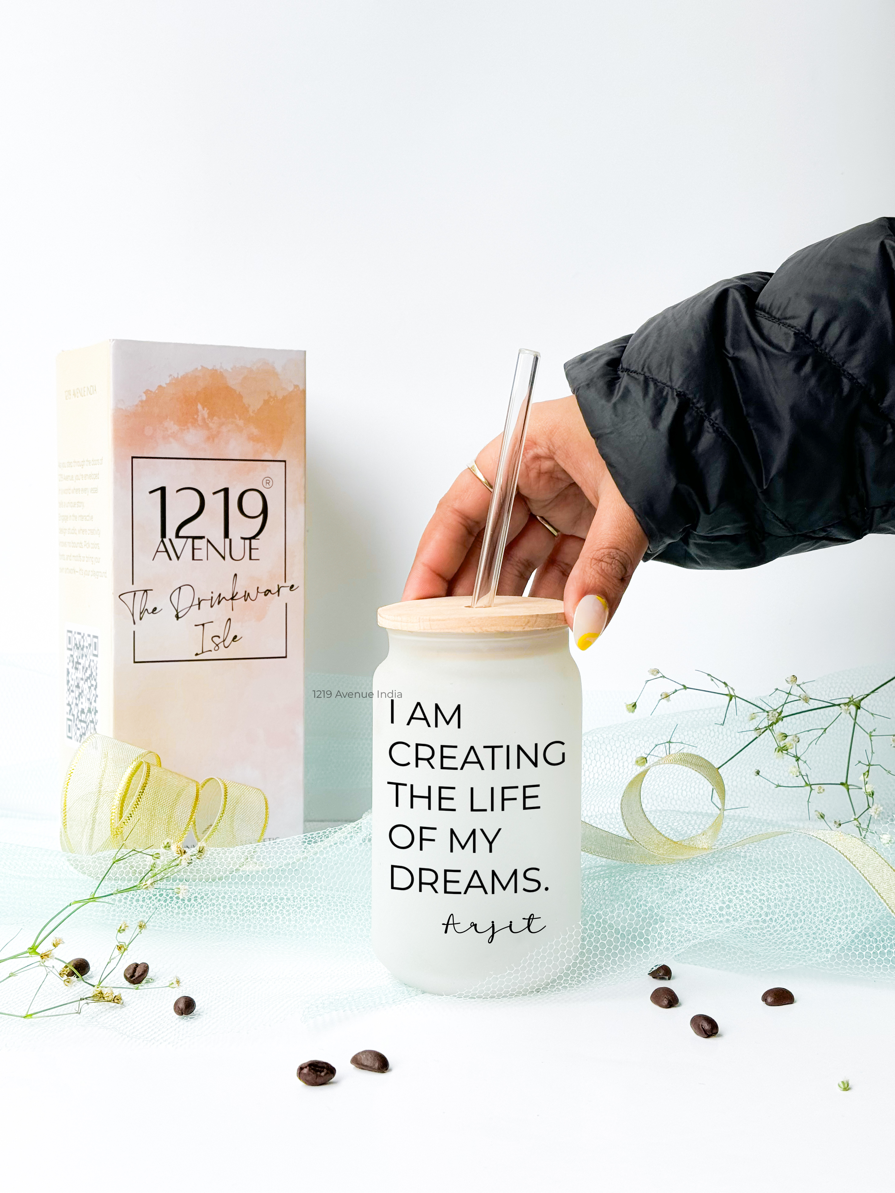 Personalized Frosted Can Sipper 500ml| Motivation Quote and Name| Coffee Glass Tumbler with straw and lid 22oz 1219 Avenue India