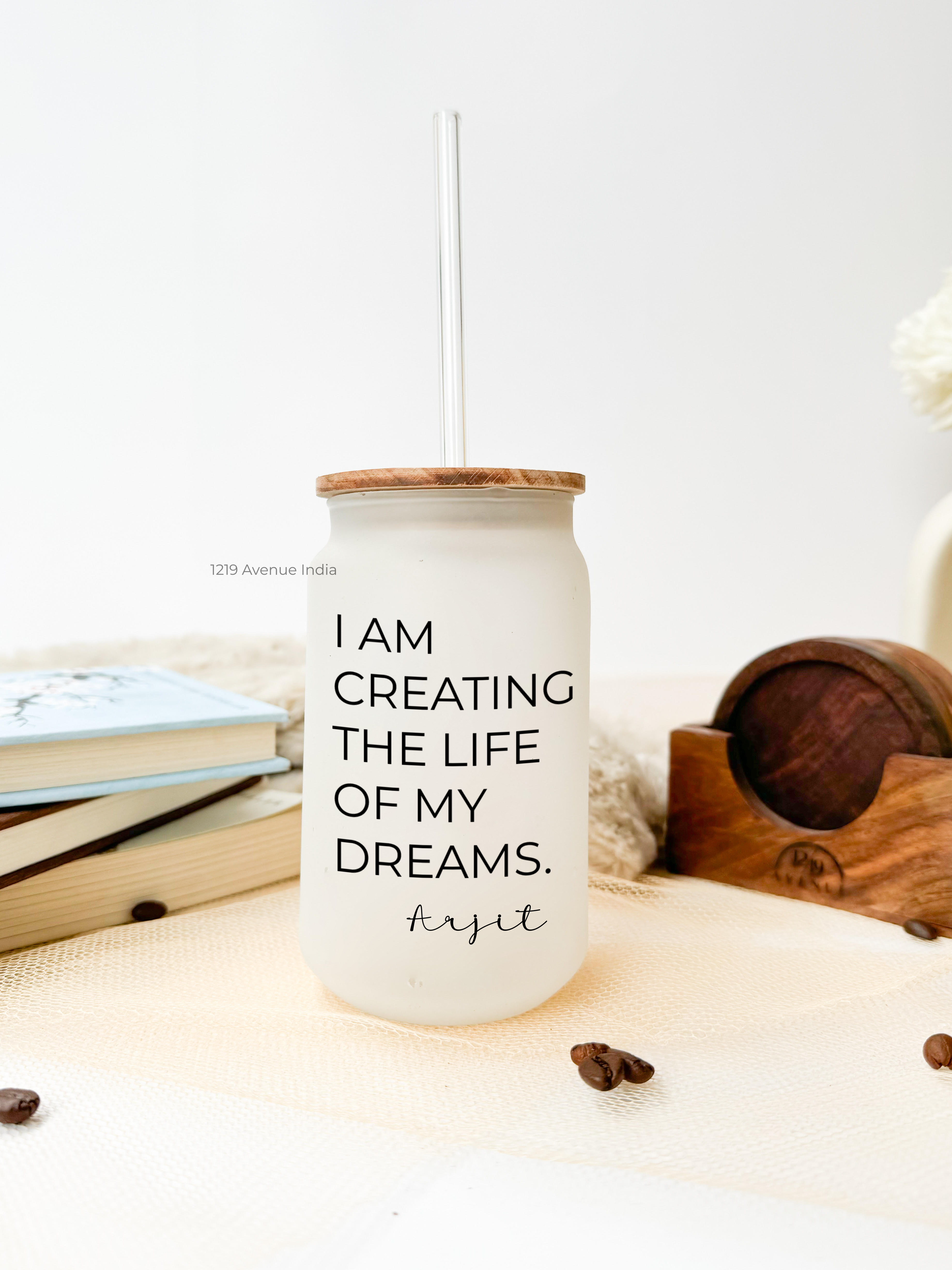 Personalized Frosted Can Sipper 500ml| Motivation Quote and Name| Coffee Glass Tumbler with straw and lid 22oz 1219 Avenue India