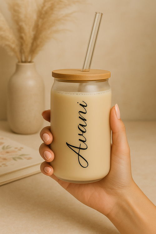 Personalized Frosted Can Sipper 500ml| Name Customized| Coffee Glass Tumbler with straw and lid 18oz 1219 Avenue India