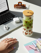 Personalized Frosted Grande Sipper 650 ml |Autumn Hearts Print | Coffee Glass Tumbler with straw and lid 1219 Avenue India