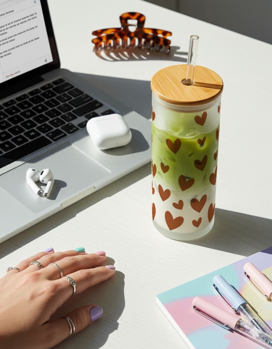 Personalized Frosted Grande Sipper 650 ml |Autumn Hearts Print | Coffee Glass Tumbler with straw and lid 1219 Avenue India