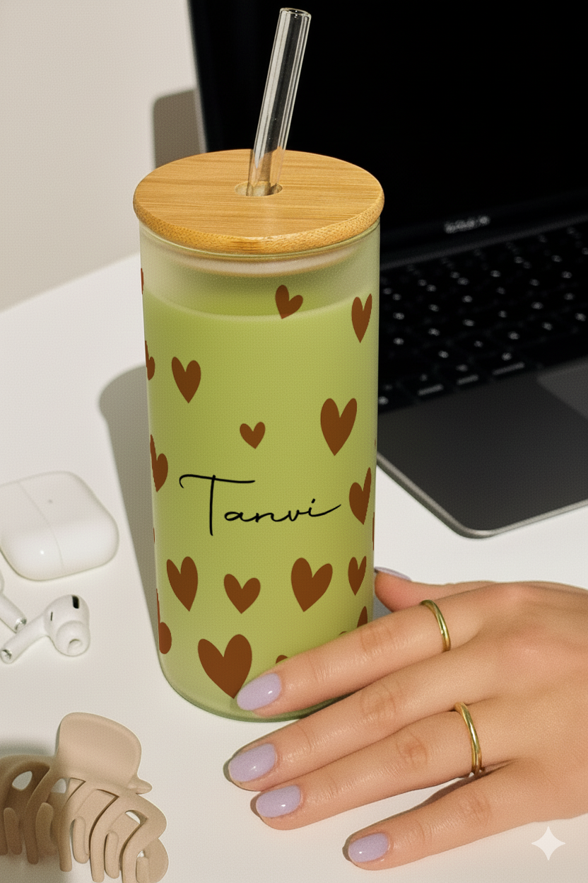 Personalized Frosted Grande Sipper 650 ml |Autumn Hearts Print | Coffee Glass Tumbler with straw and lid 1219 Avenue India