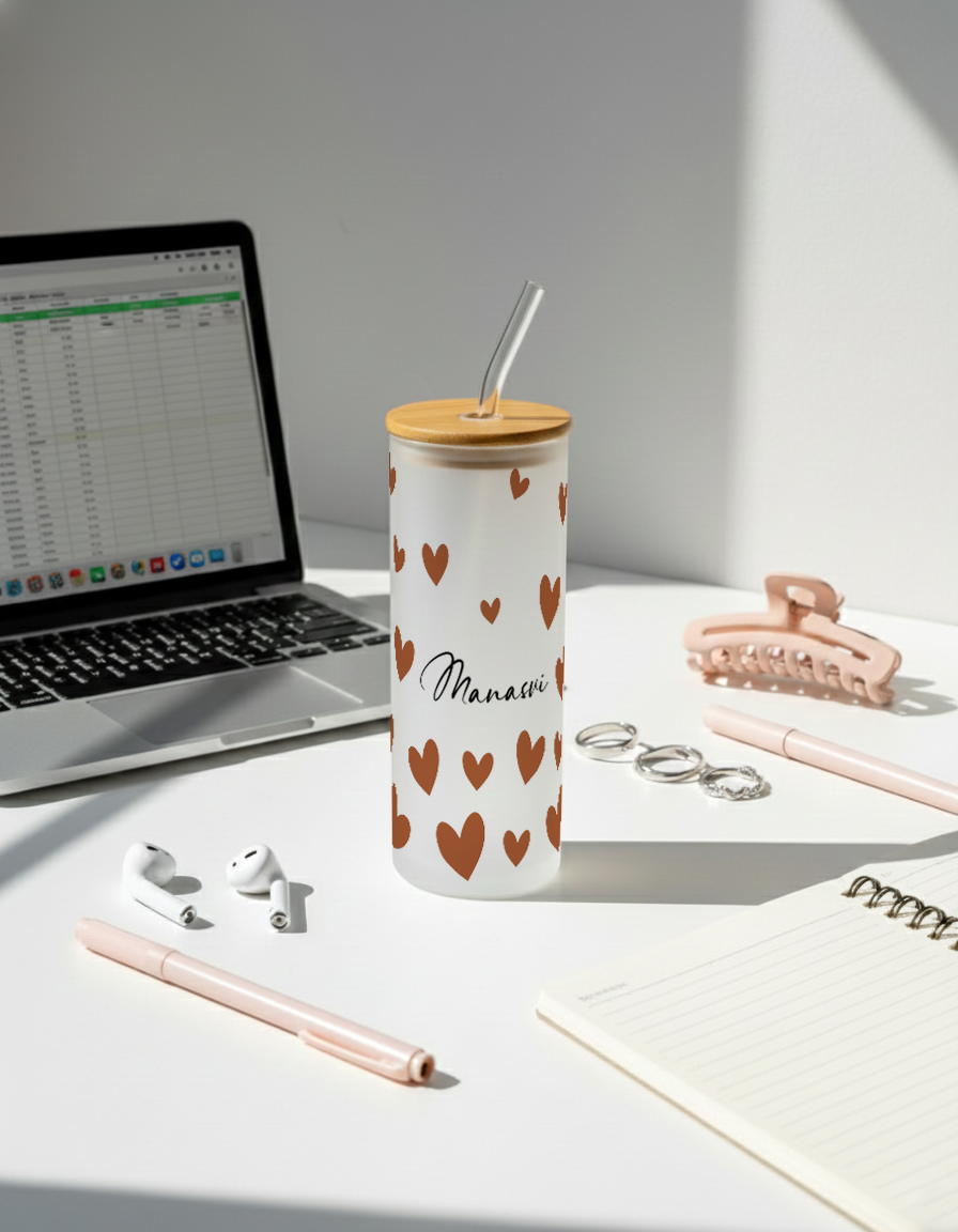 Personalized Frosted Grande Sipper 650 ml |Autumn Hearts Print | Coffee Glass Tumbler with straw and lid 1219 Avenue India