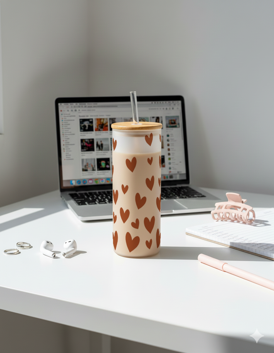 Personalized Frosted Grande Sipper 650 ml |Autumn Hearts Print | Coffee Glass Tumbler with straw and lid 1219 Avenue India