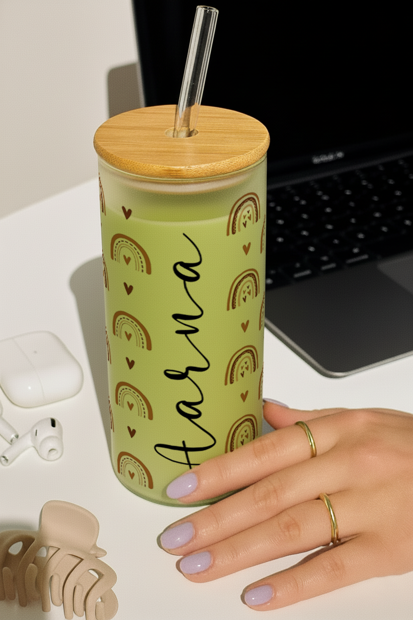 Personalized Frosted Grande Sipper 650 ml |Boho Love Archs Print | Coffee Glass Tumbler with straw and lid 1219 Avenue