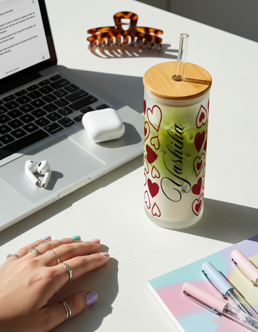 Personalized Frosted Grande Sipper 650 ml |Cupid Sprinkle Print | Coffee Glass Tumbler with straw and lid 1219 Avenue India