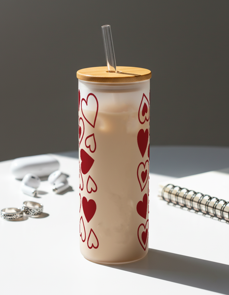 Personalized Frosted Grande Sipper 650 ml |Cupid Sprinkle Print | Coffee Glass Tumbler with straw and lid 1219 Avenue India