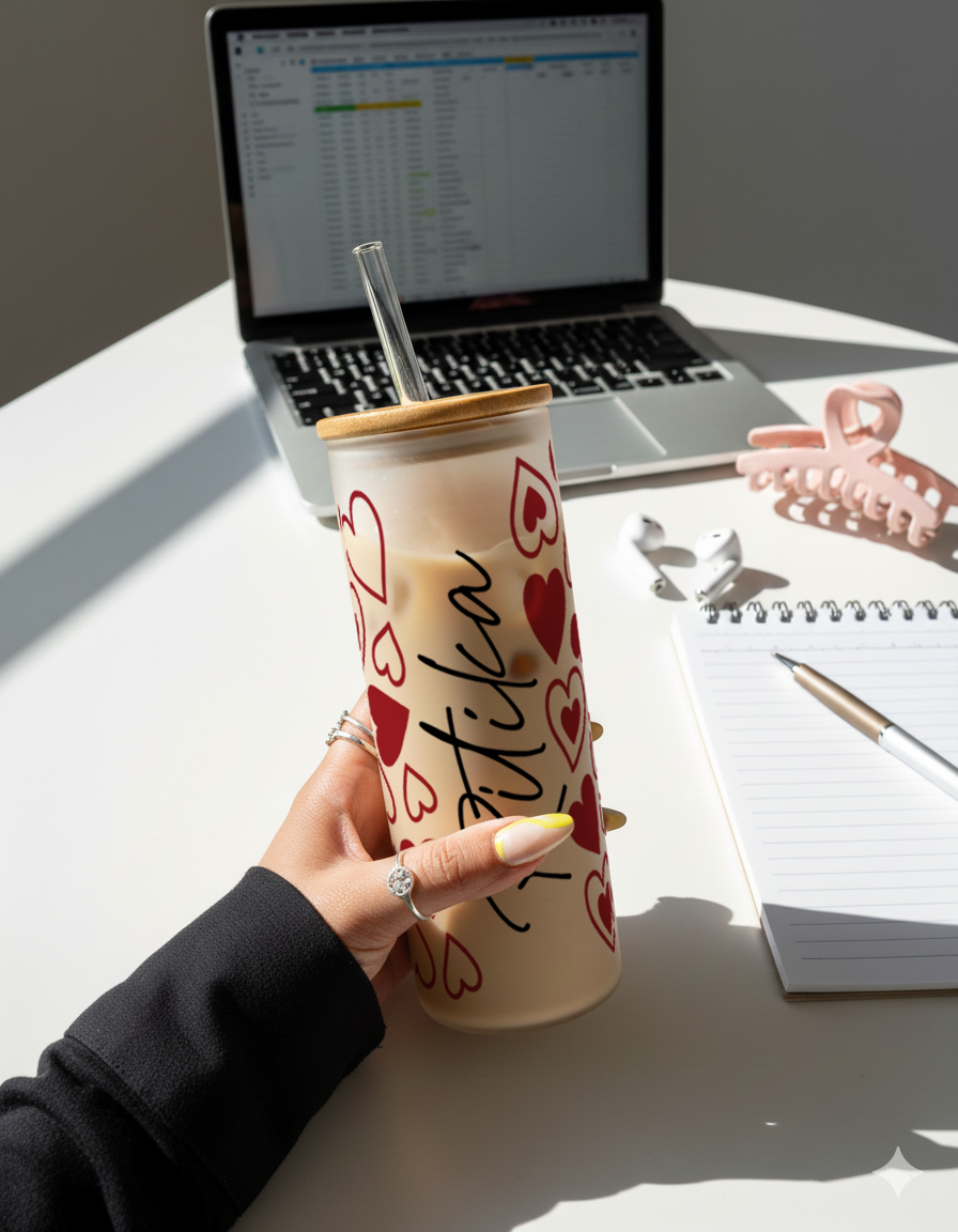 Personalized Frosted Grande Sipper 650 ml |Cupid Sprinkle Print | Coffee Glass Tumbler with straw and lid 1219 Avenue India