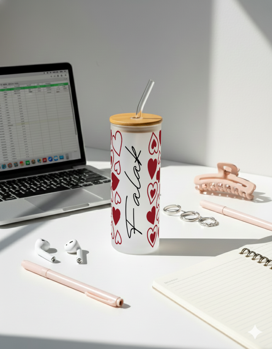 Personalized Frosted Grande Sipper 650 ml |Cupid Sprinkle Print | Coffee Glass Tumbler with straw and lid 1219 Avenue India