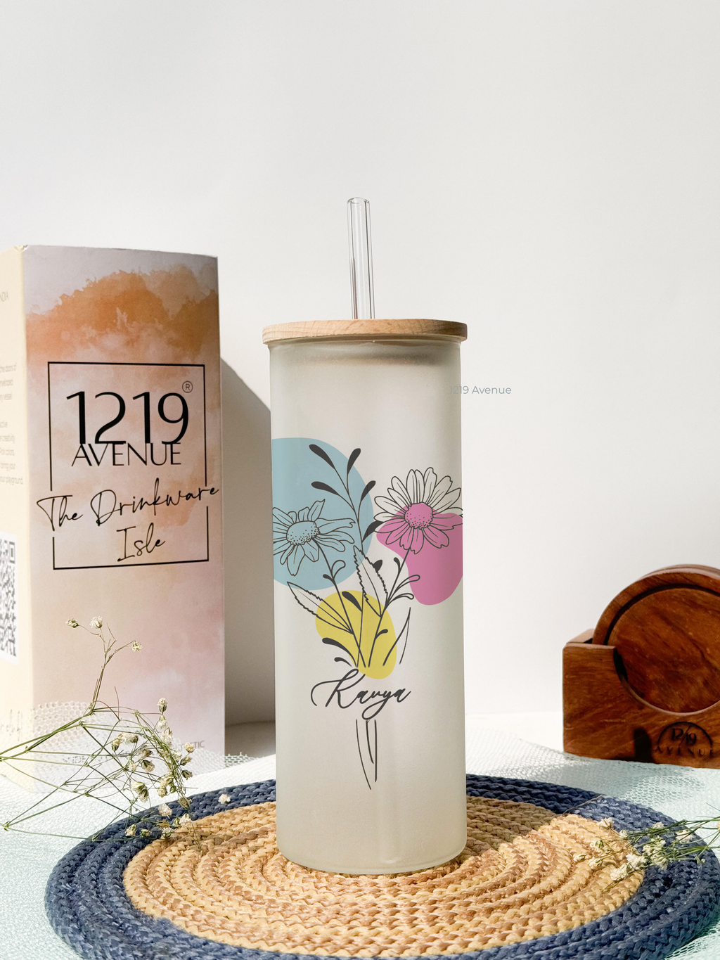 Personalized Frosted Grande Sipper 650 ml |Floral Ways | Coffee Glass Tumbler with straw and lid 22oz 1219 Avenue India