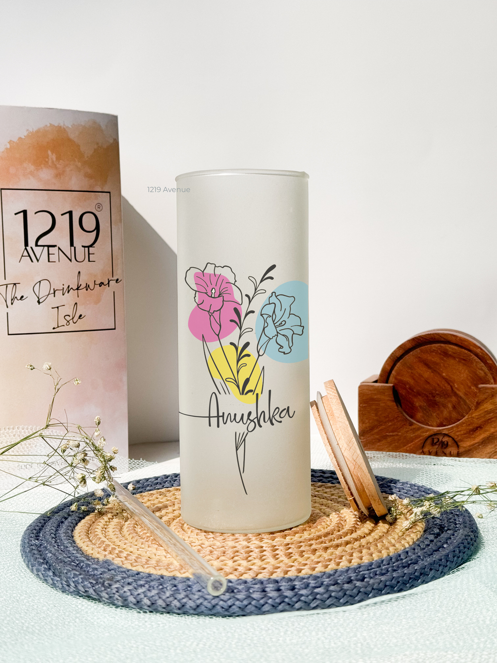 Personalized Frosted Grande Sipper 650 ml |Floral Ways | Coffee Glass Tumbler with straw and lid 22oz 1219 Avenue India