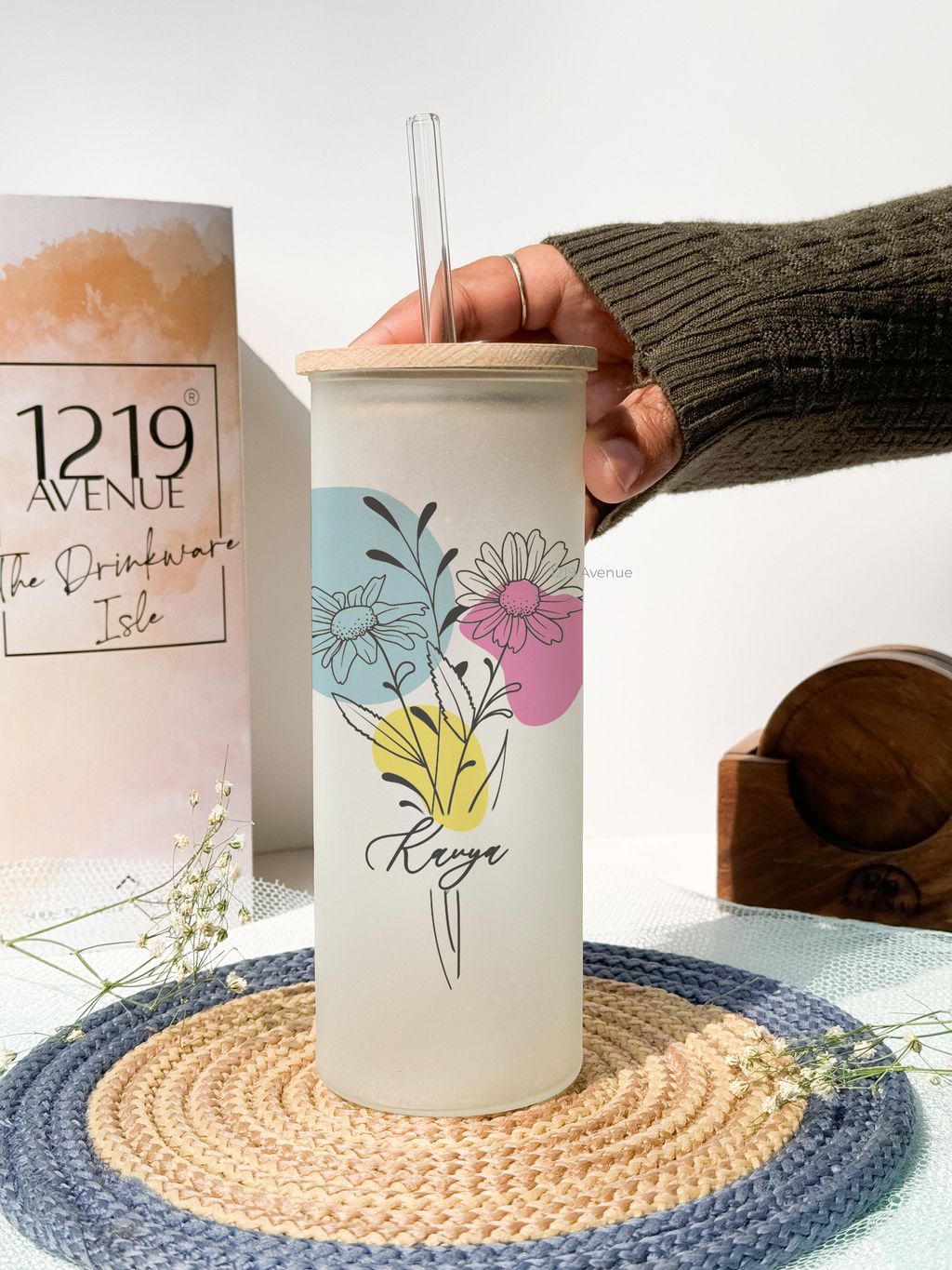 Personalized Frosted Grande Sipper 650 ml |Floral Ways | Coffee Glass Tumbler with straw and lid 22oz 1219 Avenue India