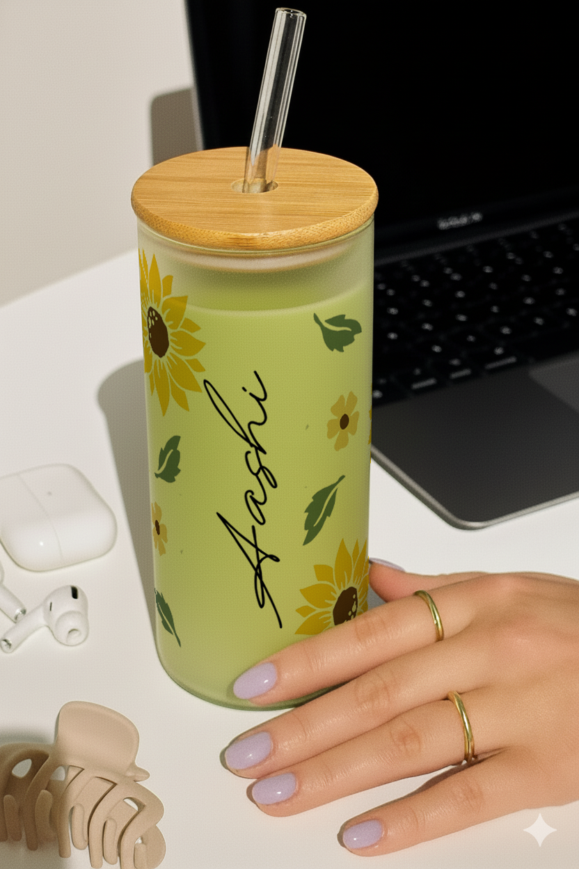 Personalized Frosted Grande Sipper 650 ml |Golden Bloom Print | Coffee Glass Tumbler with straw and lid 1219 Avenue India