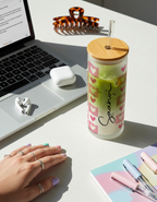 Personalized Frosted Grande Sipper 650 ml |Pink Love Patch Print | Coffee Glass Tumbler with straw and lid 1219 Avenue India